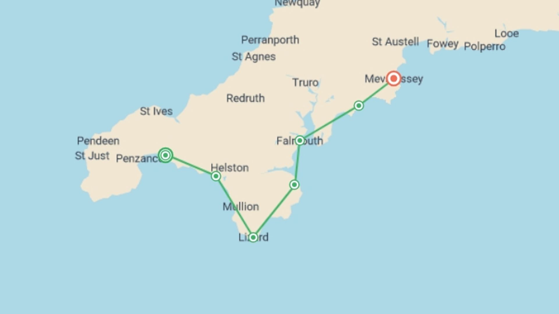 A map showing the tour itinerary for the trip: South West Coast Path: Penzance to Mevagissey - 8 Days, starting in Marazion, England and ending in Mevagissey, England going through 5 other destinations.