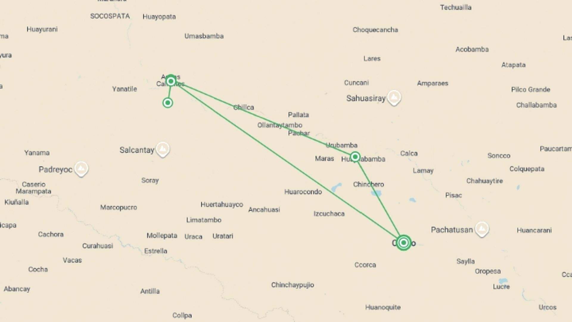 A map showing the tour itinerary for the trip: Inca Trail Adventure, starting in Cusco, Peru and ending in Cusco, Peru going through 4 other destinations.