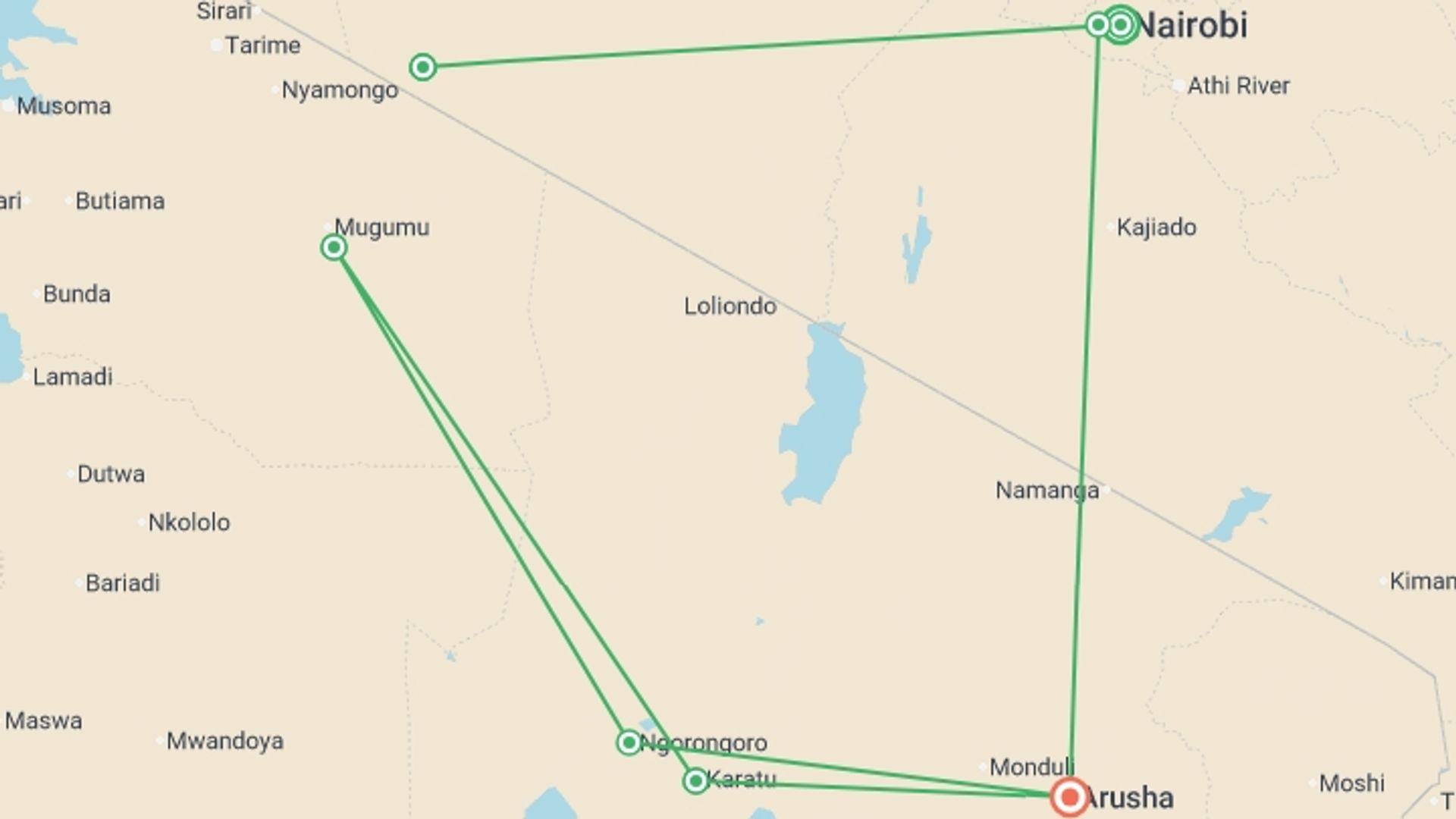 A map showing the tour itinerary for the trip: East Africa: Safari Drives, Maasai Culture & the Great Migration, starting in Nairobi, Kenya and ending in Arusha, Tanzania going through 5 other destinations.