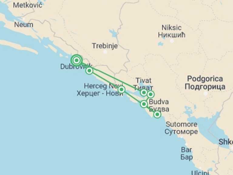 Map of Croatia Natural landmarks sightseeing Tour with 7 destination visits for the trip: Montenegro Sailing - Dubrovnik to Dubrovnik