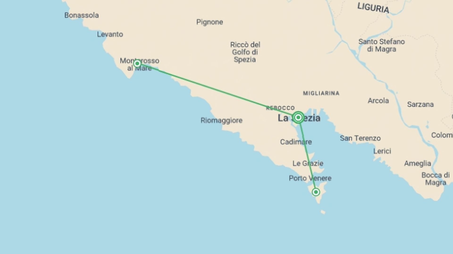 A map showing the tour itinerary for the trip: La Spezia & Cinque Terre - 4 days, starting in La Spezia, Italy and ending in La Spezia, Italy going through 1 other destinations.