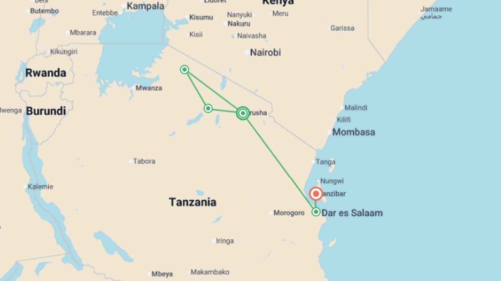 A map showing the tour itinerary for the trip: Serengeti to Zanzibar Overland Safari & Participation Camping, starting in Arusha, Tanzania and ending in Zanzibar, Tanzania going through 4 other destinations.
