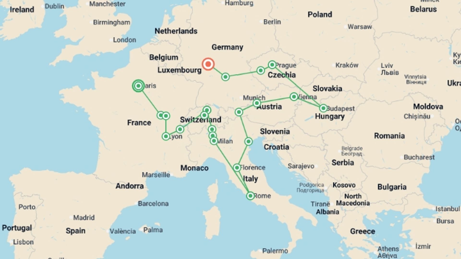 A map showing the tour itinerary for the trip: Incredible Europe, starting in Paris, France and ending in Frankfurt, Germany going through 10 other destinations.