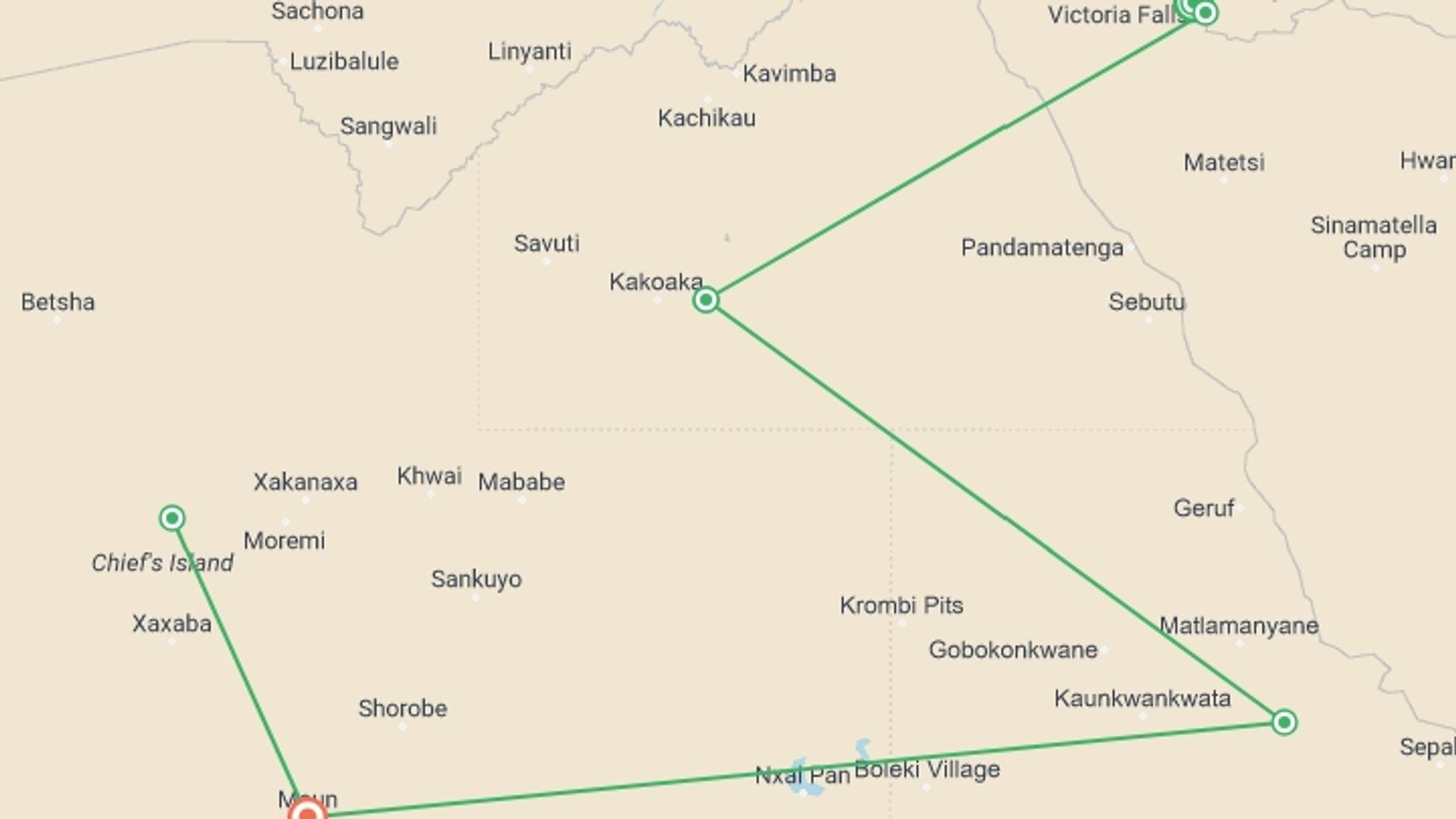 A map showing the tour itinerary for the trip: Victoria Falls & Okavango Delta: 8 Days, starting in Zambezi River, Tanzania and ending in Maun, Botswana going through 4 other destinations.