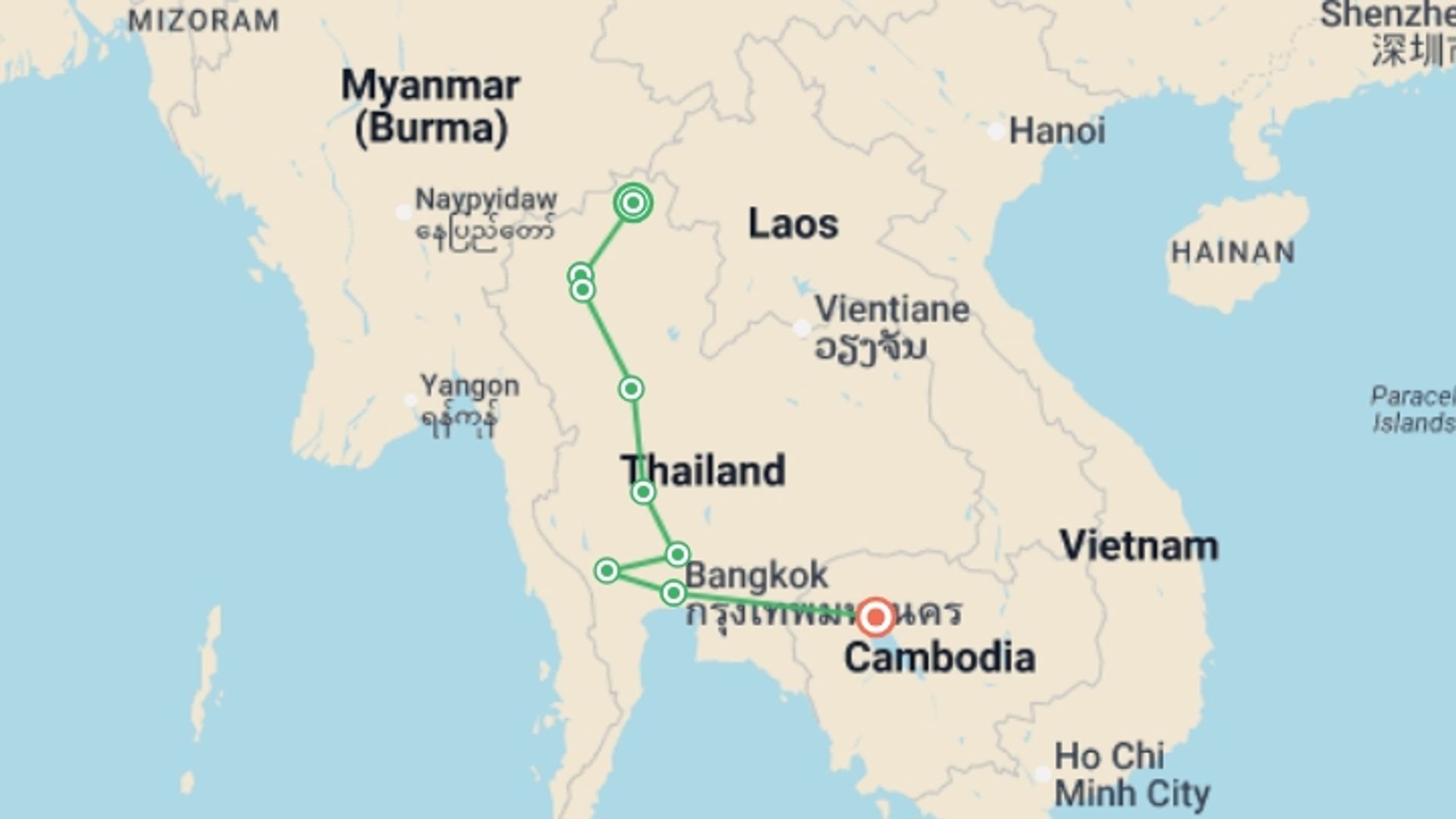 A map showing the tour itinerary for the trip: Thailand Grand Tour & Cambodia Package, Small Group Tour (english Only), starting in Chiang Rai, Thailand and ending in Siem Reap, Cambodia going through 6 other destinations.