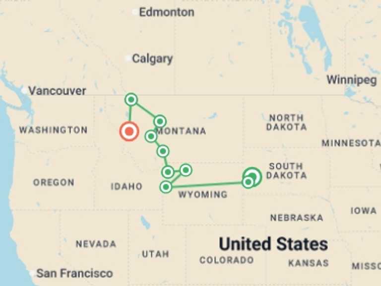 Map itinerary of North America Tour in June 2026 with 10 destination visits for the trip: Great American West
