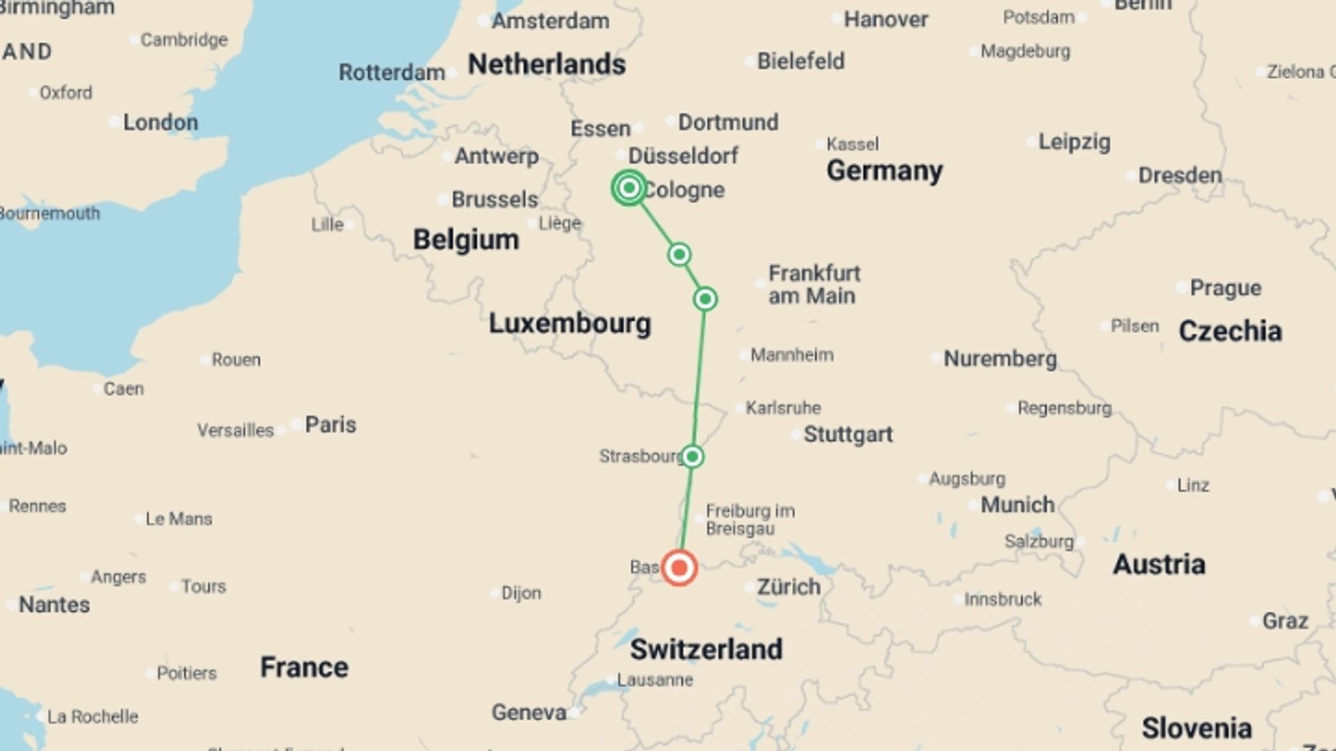A map showing the tour itinerary for the trip: Rhine Holiday Markets (2026), starting in Cologne, Germany and ending in Basel, Switzerland going through 3 other destinations.