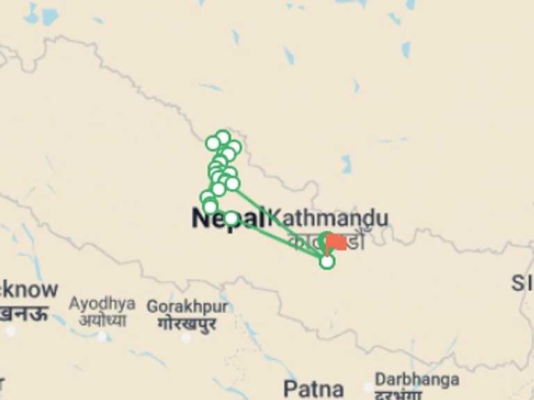 Map itinerary of Pokhara Tour in July 2026 with 22 destination visits for the trip: Mustang and High Passes Trek