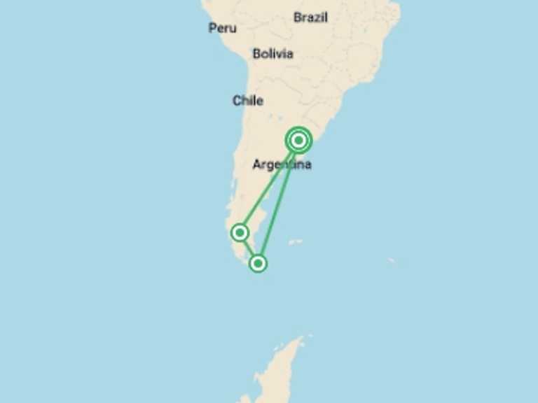 Map itinerary of Patagonia Tour in June 2027 with 5 destination visits for the trip: Buenos Aires, Glaciers & the end of the World