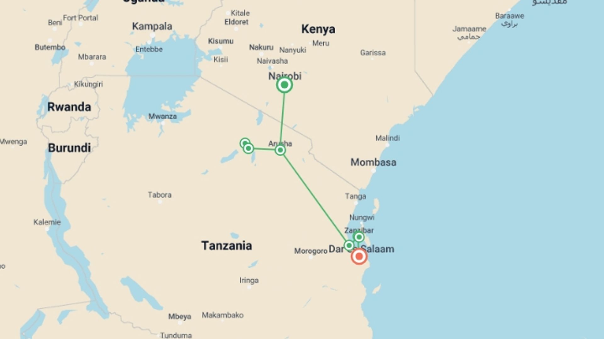 A map showing the tour itinerary for the trip: Savannahs & Sands, starting in Nairobi, Kenya and ending in Dar Es Salaam, Tanzania going through 6 other destinations.