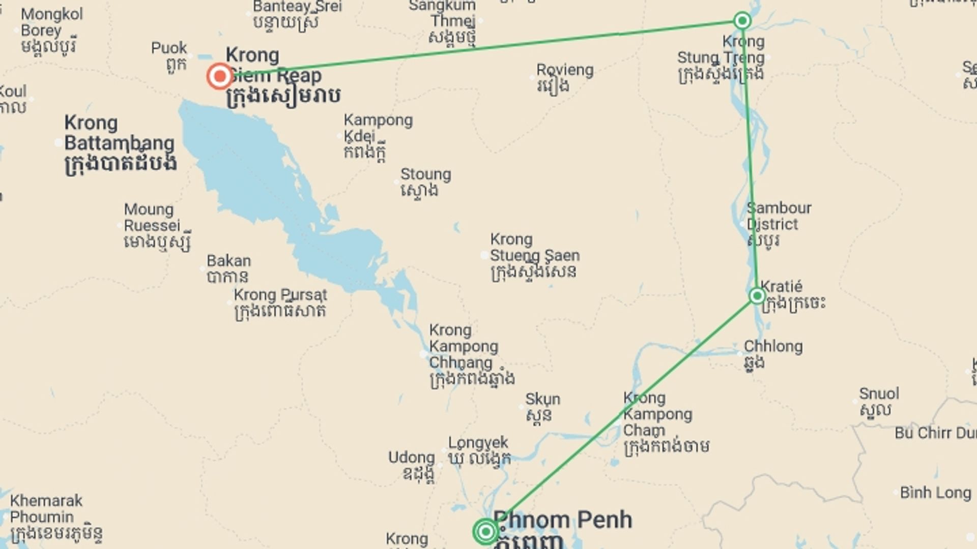 A map showing the tour itinerary for the trip: Cambodia: Hike, Bike & Kayak, starting in Phnom Penh, Cambodia and ending in Siem Reap, Cambodia going through 2 other destinations.