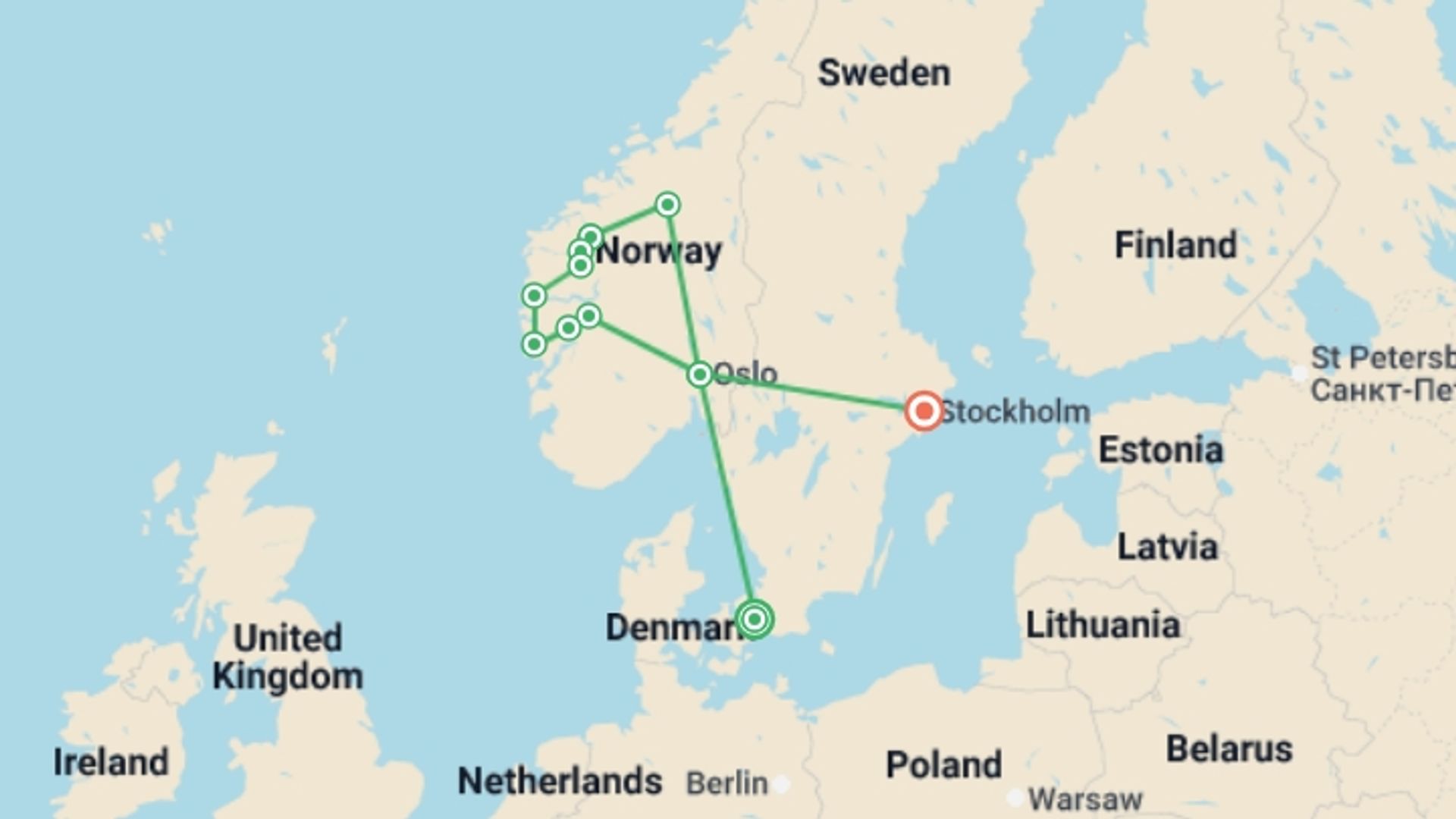 A map showing the tour itinerary for the trip: Copenhagen, Norwegian Fjords & Stockholm - 13 days, starting in Copenhagen, Denmark and ending in Stockholm, Sweden going through 6 other destinations.