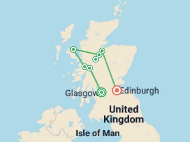 Map itinerary of Europe Tour in Fall with 6 destination visits for the trip: Highlights of Scotland