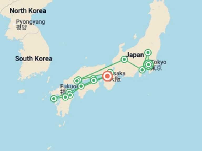 Map itinerary of Japan Tour in May 2027 with 13 destination visits for the trip: Ultimate Japan