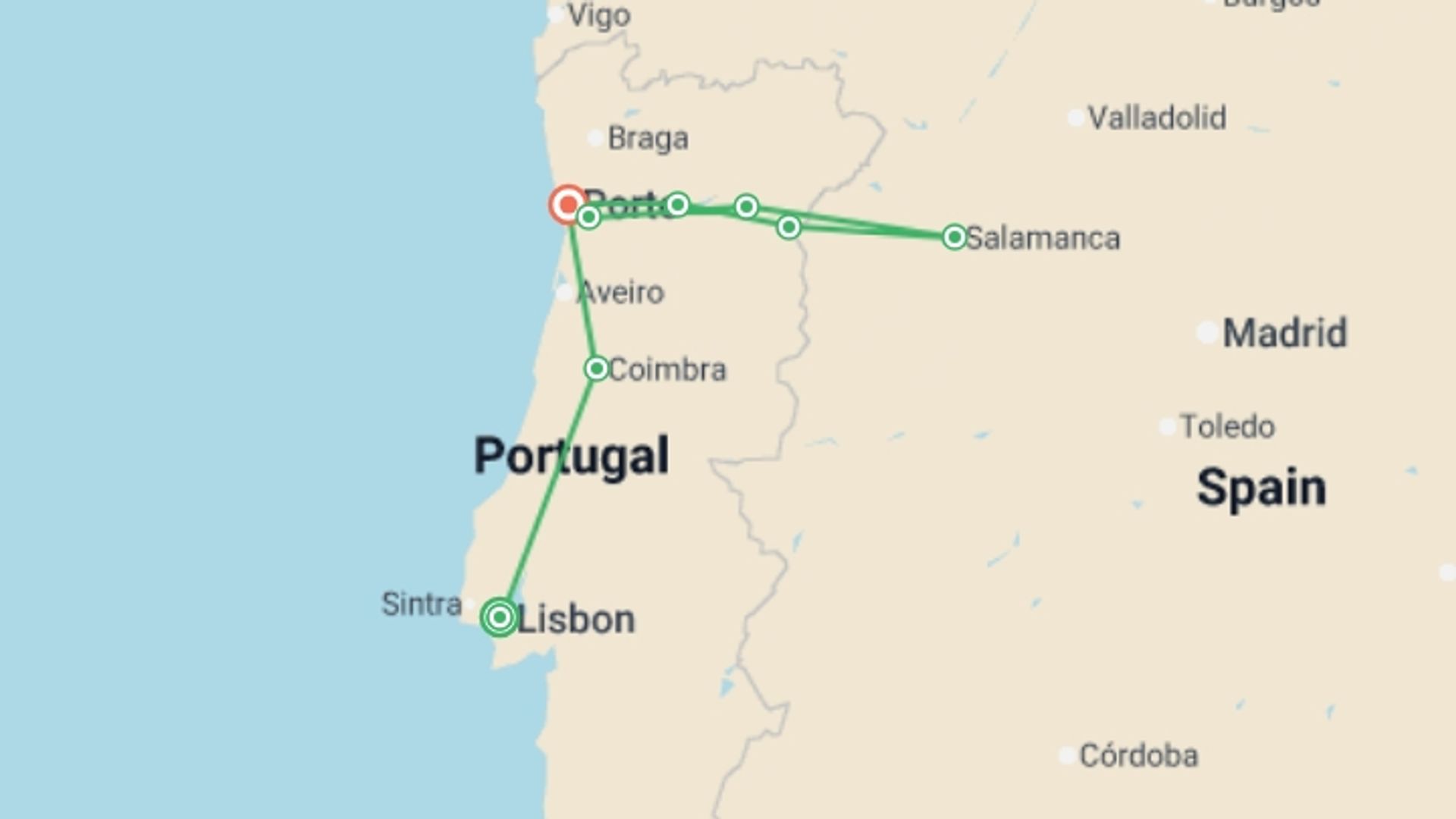 A map showing the tour itinerary for the trip: Lisbon, Porto and the Douro valley (Portugal) and Salamanca (Spain) (port-to-port cruise), starting in Lisbon, Portugal and ending in Porto, Portugal going through 4 other destinations.