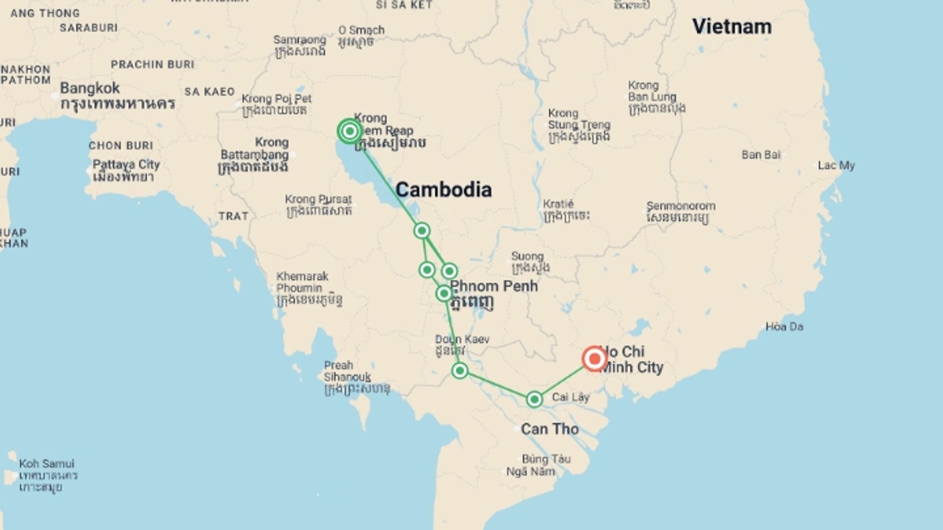 A map showing the tour itinerary for the trip: The Mekong in a different way - Between adventure and must-see sites (port-to-port cruise), starting in Siem Reap, Cambodia and ending in Ho Chi Minh City, Vietnam going through 5 other destinations.