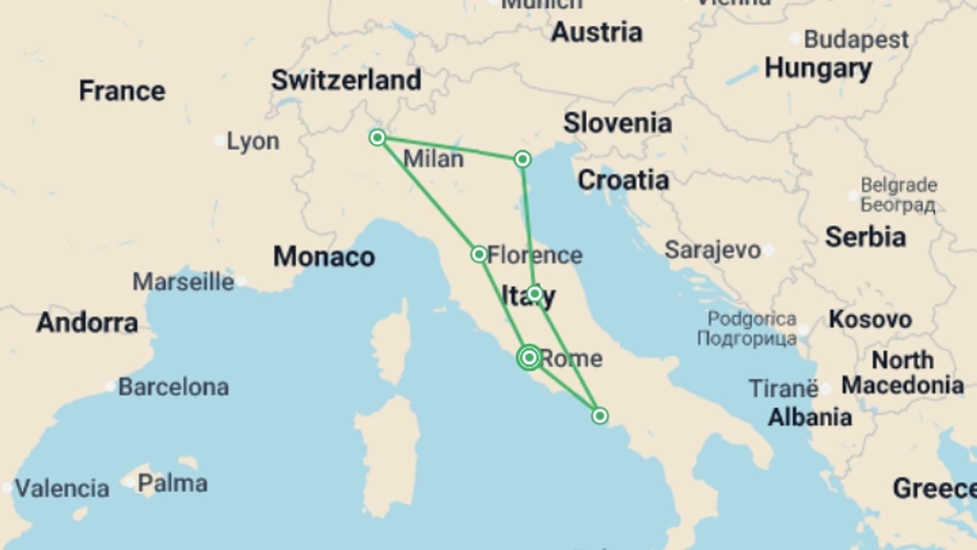 A map showing the tour itinerary for the trip: Italian Scene, starting in Rome, Italy and ending in Rome, Italy going through 5 other destinations.