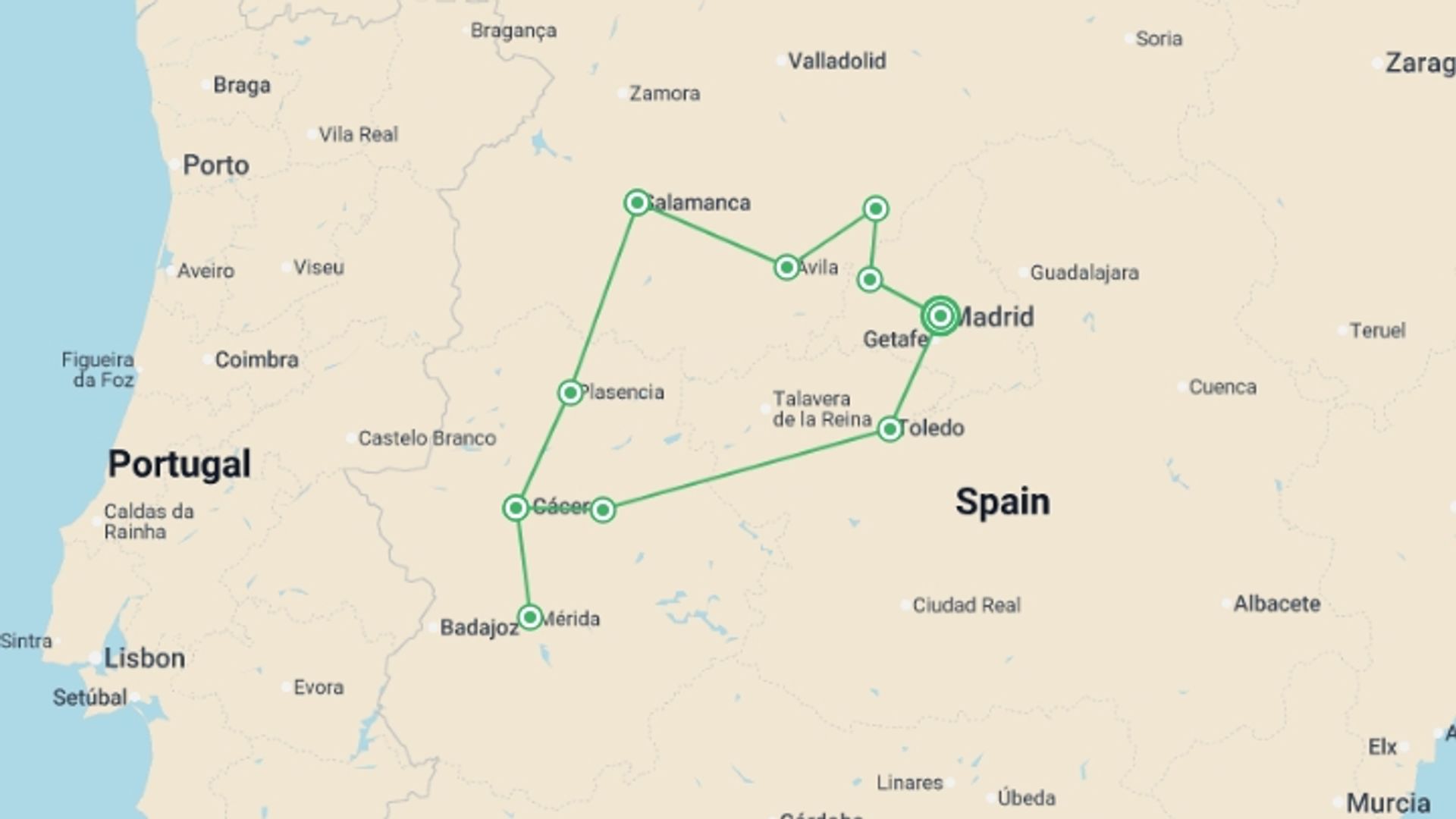 A map showing the tour itinerary for the trip: Heart Of Spain, Self-drive, starting in Madrid, Spain and ending in Madrid, Spain going through 1 other destinations.