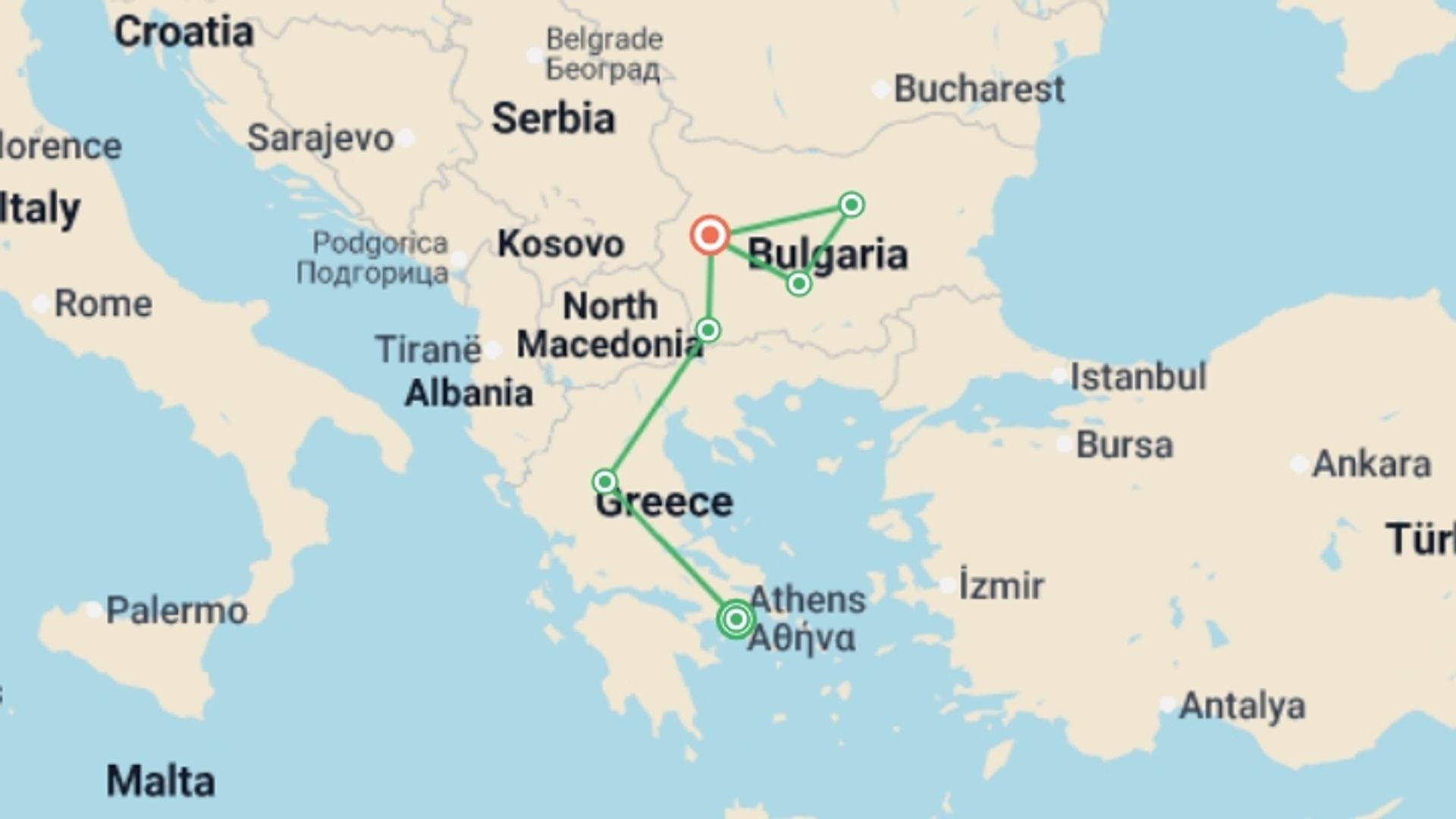 A map showing the tour itinerary for the trip: Northern Greece and the Bulgarian Triangle, starting in Athens, Greece and ending in Sofia, Bulgaria going through 4 other destinations.