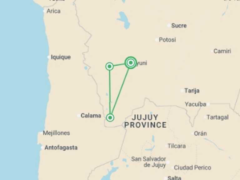 Map of South America Tour with 3 destination visits for the trip: Uyuni Salt Flats & Desert Adventure 3D/2N (Uyuni to Uyuni)