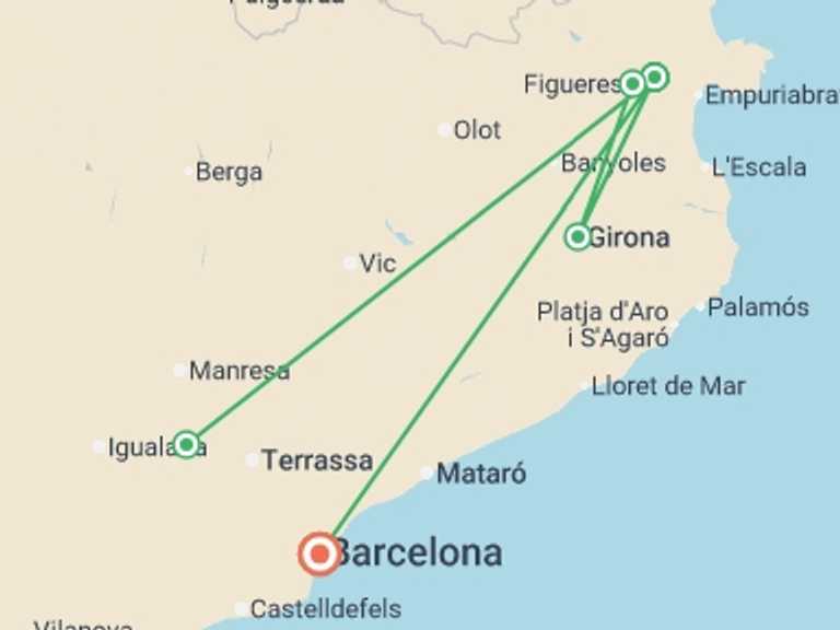 Map itinerary of Catania Tour in Fall with 4 destination visits for the trip: Barcelona In Depth & Catalonia - 8 days