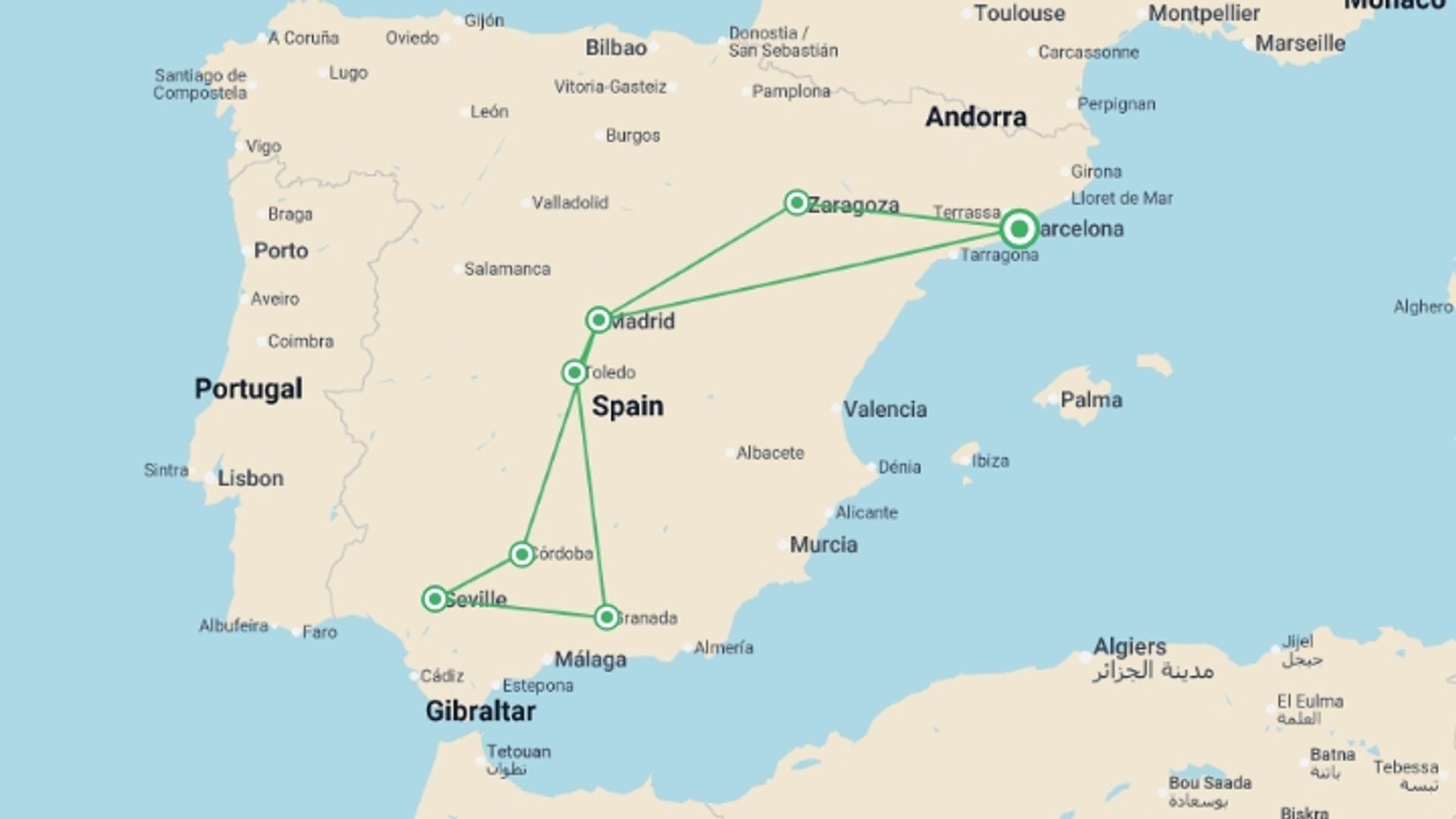 A map showing the tour itinerary for the trip: 5 Day Guided Tour Andalusia And Toledo From Barcelona (c-752), starting in Barcelona, Spain and ending in Barcelona, Spain going through 3 other destinations.