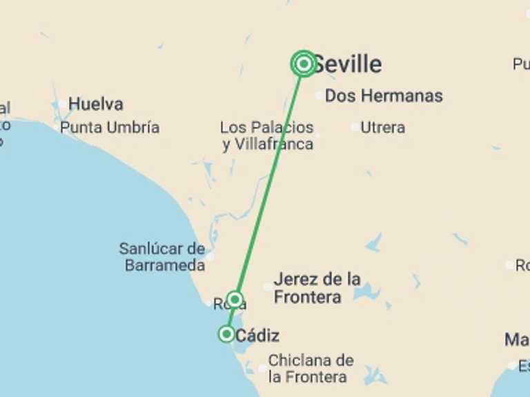 Map of France and Spain Tour with 4 destination visits for the trip: Family Club - Andalusia: Traditions, Gastronomy and Flamenco (port-to-port cruise)