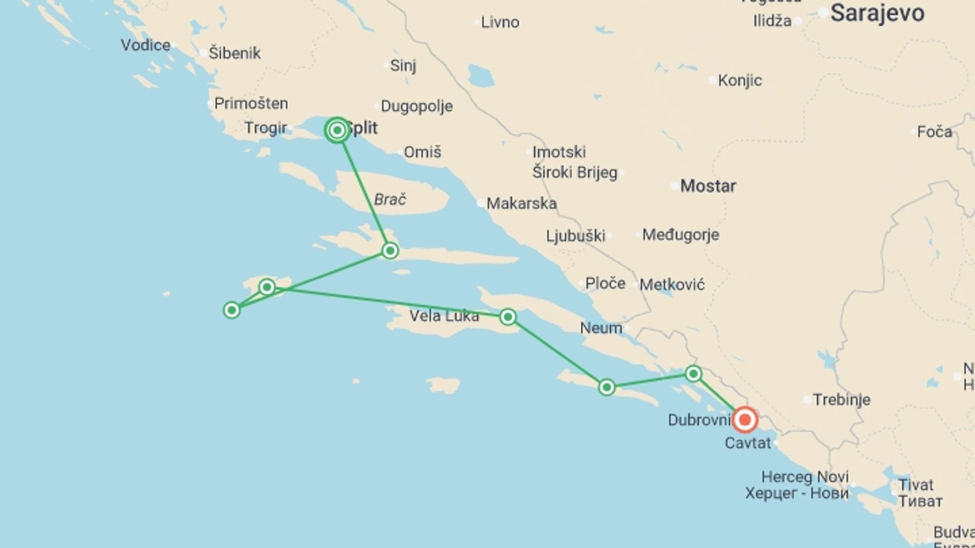 A map showing the tour itinerary for the trip: Jewels of the Adriatic from Split - 8 Days, starting in Split, Croatia and ending in Dubrovnik, Croatia going through 3 other destinations.