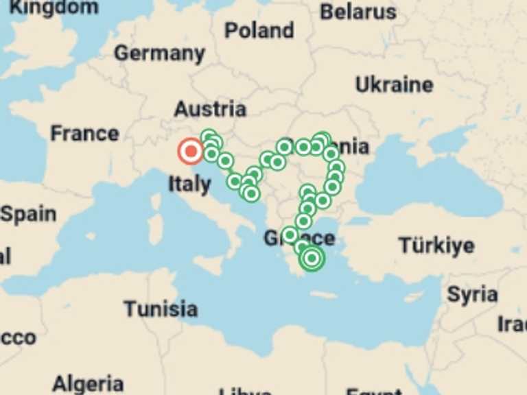 Map of Europe Tour with 16 destination visits for the trip: Balkan Extravaganza