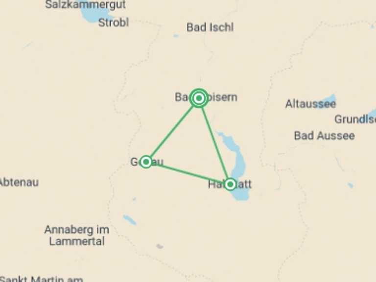 Map of a Honeymoon Tour with 3 destination visits for the trip: Hiking Austria's Lakes & Dachstein Alps