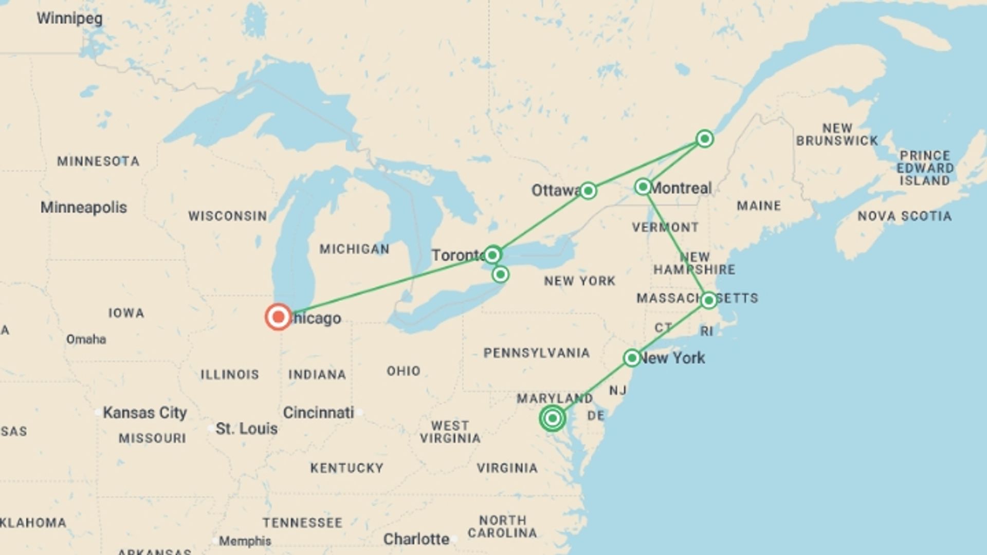 A map showing the tour itinerary for the trip: Eastern Round ends Chicago, starting in Washington D.C., USA and ending in Chicago, USA going through 8 other destinations.