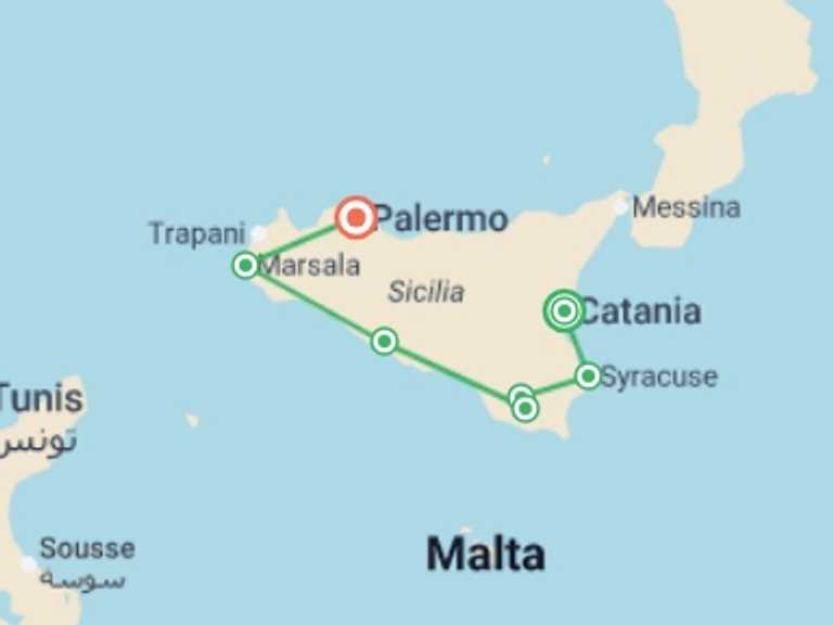 Map itinerary of Catania Tour in November 2025 with 4 destination visits for the trip: Catania to Palermo Express - 6 days