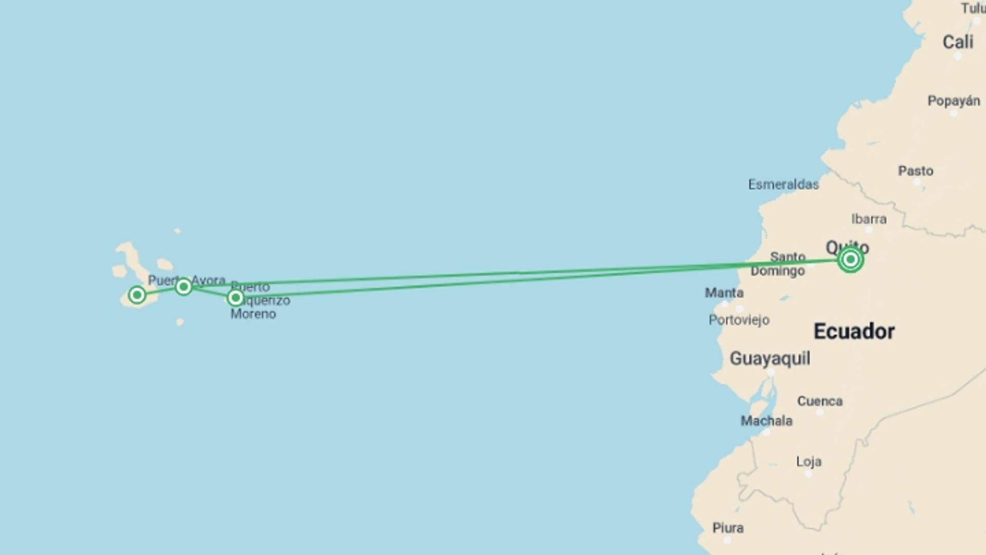 A map showing the tour itinerary for the trip: Galapagos Discovery, starting in Quito, Ecuador and ending in Quito, Ecuador going through 3 other destinations.