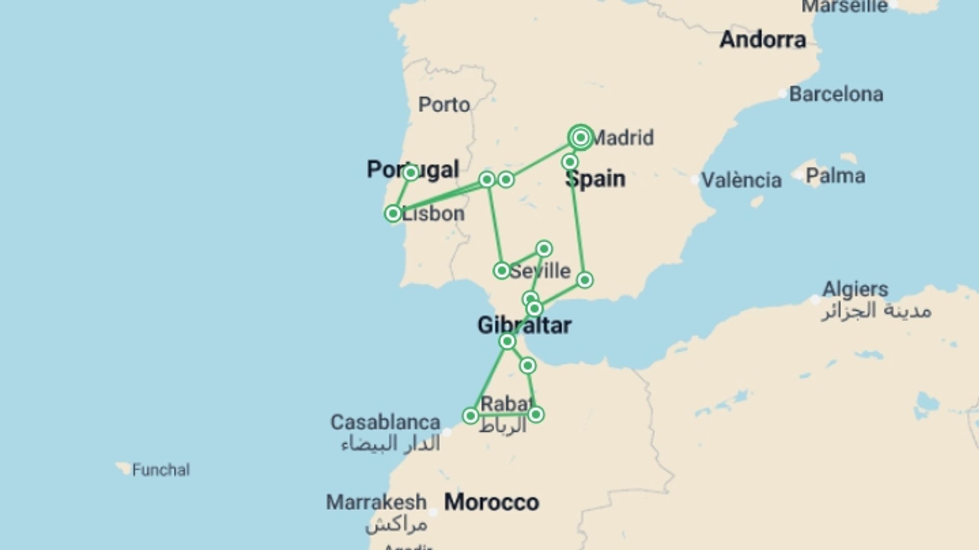 A map showing the tour itinerary for the trip: Andalucia, Lisbon & Morocco Explorer - 13 days, starting in Madrid, Spain and ending in Madrid, Spain going through 4 other destinations.