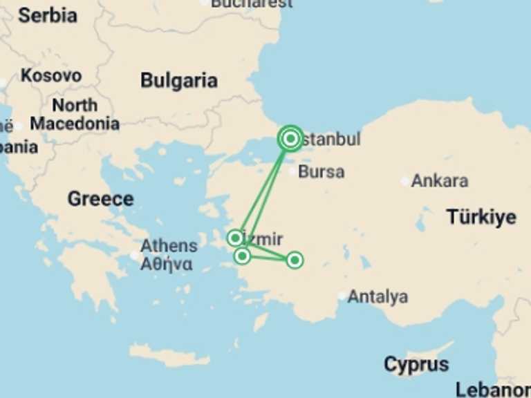 Map itinerary of Turkey Tour in March 2027 with 4 destination visits for the trip: 6 Days - Seven Churches Of Revelation - Private / Mini Group Tour