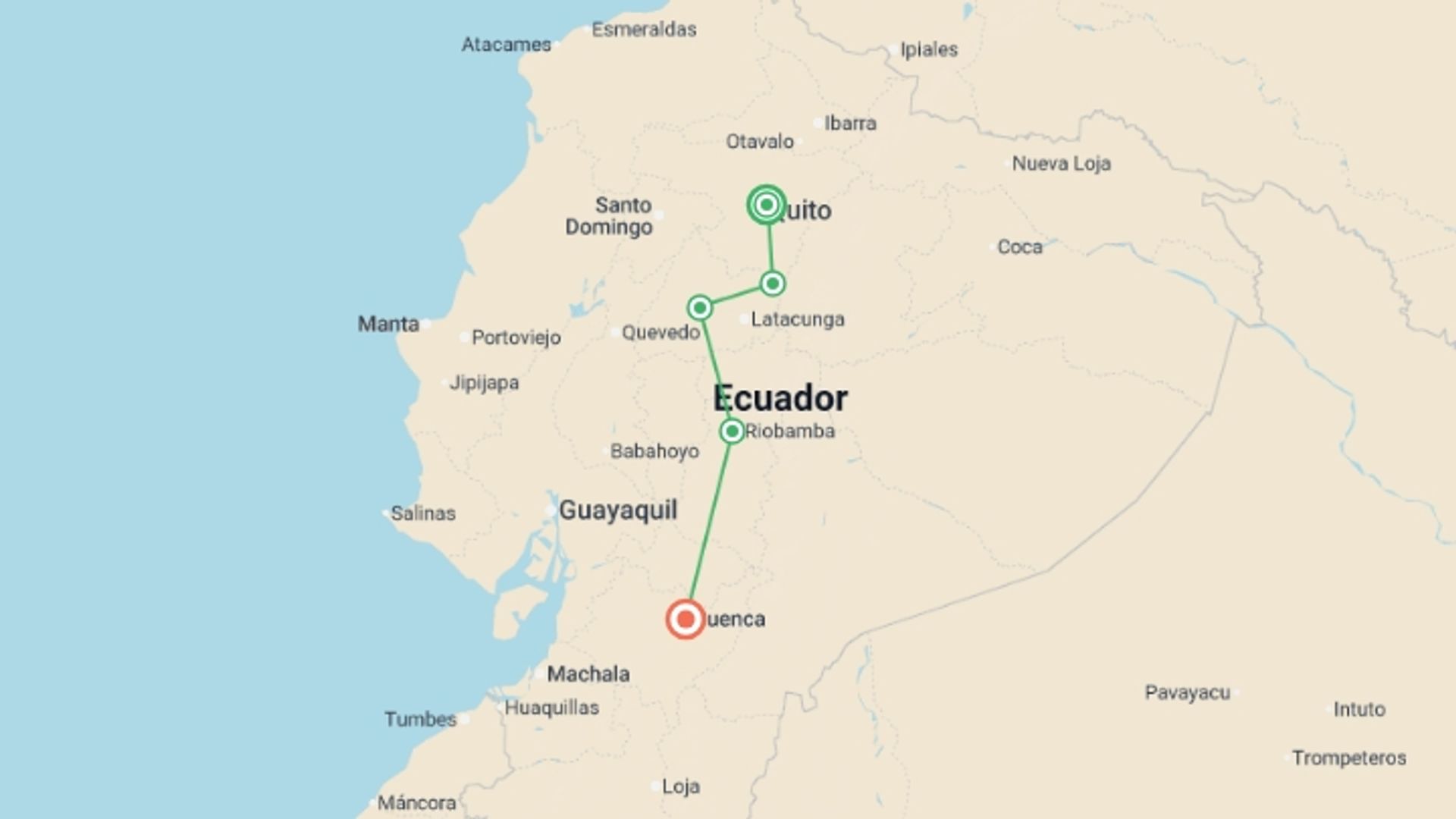 A map showing the tour itinerary for the trip: 6-day Ecuador Highlands: Cotopaxi, Quilotoa, Ingapirca & Cuenca, Private Tour, French-speaking Guide, starting in Quito, Ecuador and ending in Cuenca, Ecuador going through 2 other destinations.