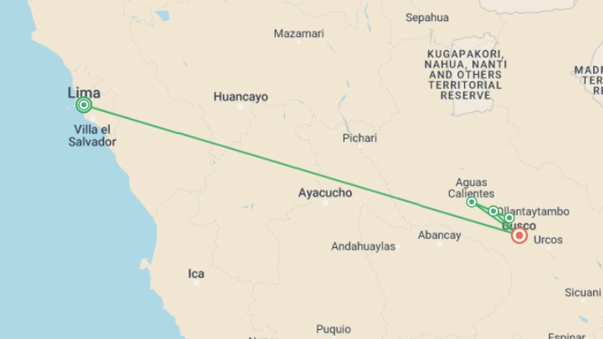 A map showing the tour itinerary for the trip: Solo-ish Peru, starting in Lima, Peru and ending in Cusco, Peru going through 3 other destinations.