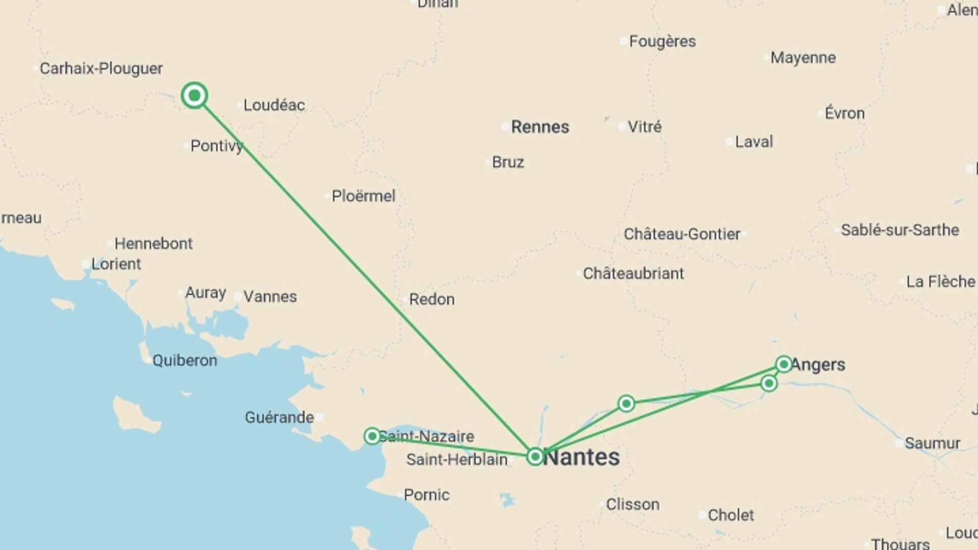 A map showing the tour itinerary for the trip: Royal New Year cruise on the Loire (port-to-port cruise), starting in Brittany, France and ending in Brittany, France going through 4 other destinations.