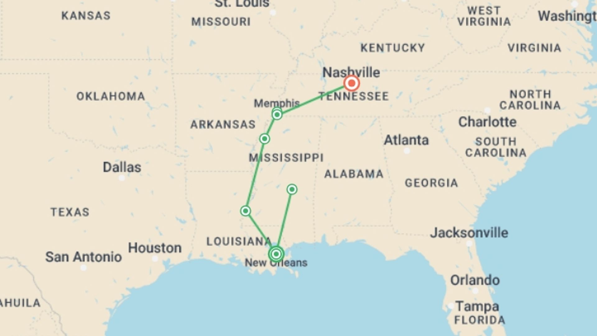 A map showing the tour itinerary for the trip: Southern Soul: New Orleans to Nashville, starting in New Orleans, USA and ending in Nashville, USA going through 5 other destinations.