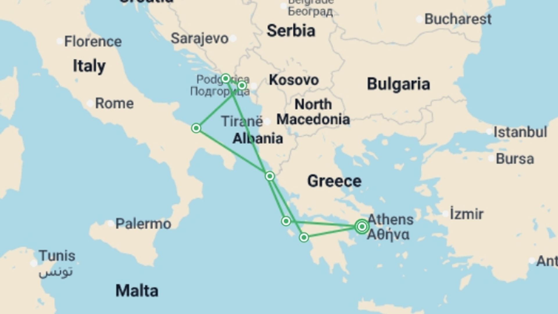A map showing the tour itinerary for the trip: Heavenly 04 Countries Adriatic Cruise, starting in Athens, Greece and ending in Athens, Greece going through 6 other destinations.