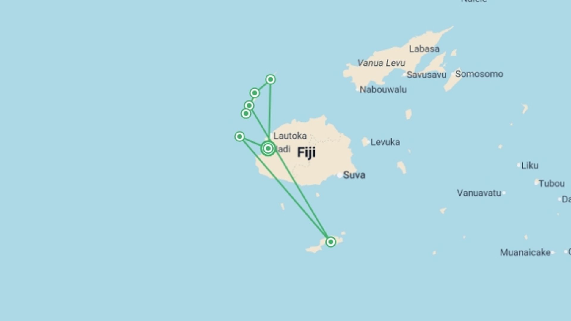 A map showing the tour itinerary for the trip: Fiji Explorer & Cruise - 9 days, starting in Nadi, Fiji and ending in Nadi, Fiji going through 6 other destinations.