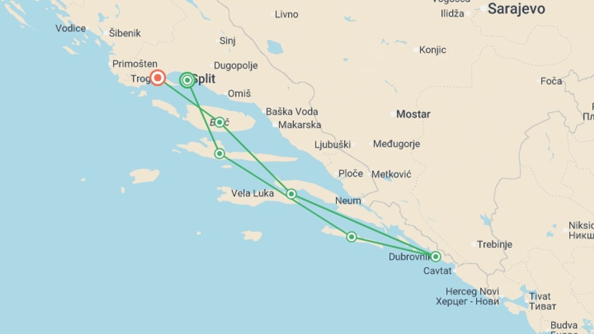 A map showing the tour itinerary for the trip: Dalmatian Highlights Split And Dubrovnik Region Cruise (deluxe Boat Category), starting in Split, Croatia and ending in Trogir, Croatia going through 5 other destinations.