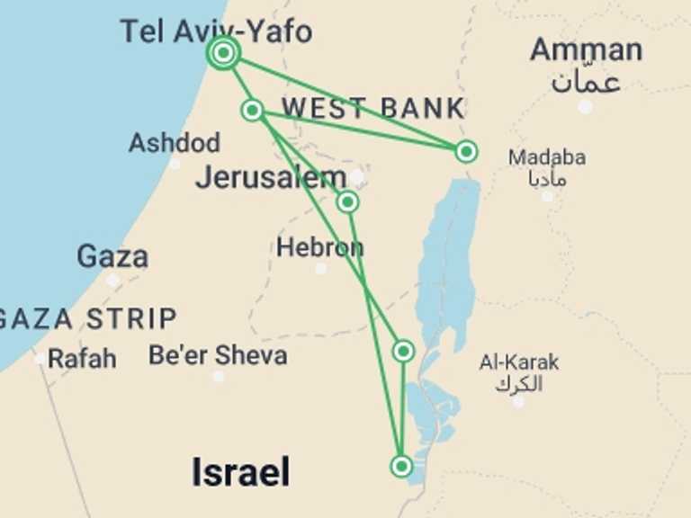 Map of 2-Day Tel Aviv Tour with 2 destination visits for the trip: Bethlehem, Jericho And Masada Tour, 2 Days From Tel Aviv