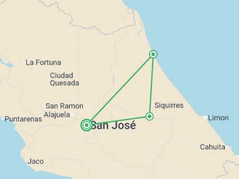 Map of San Jose Wildlife safaris and game drives Tour with 3 destination visits for the trip: Tortuguero Trails & Pacuare Rapids 4D/3N