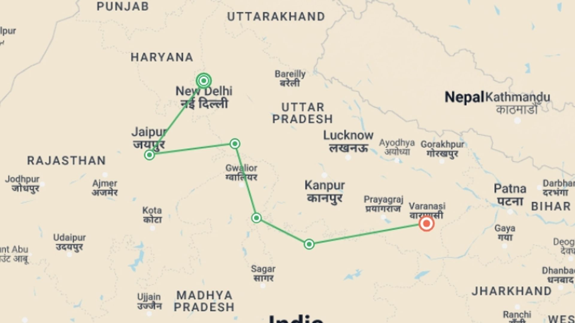 A map showing the tour itinerary for the trip: Golden Triangle Tour With Khajuraho & Varanasi, starting in New Delhi, India and ending in Varanasi, India going through 3 other destinations.