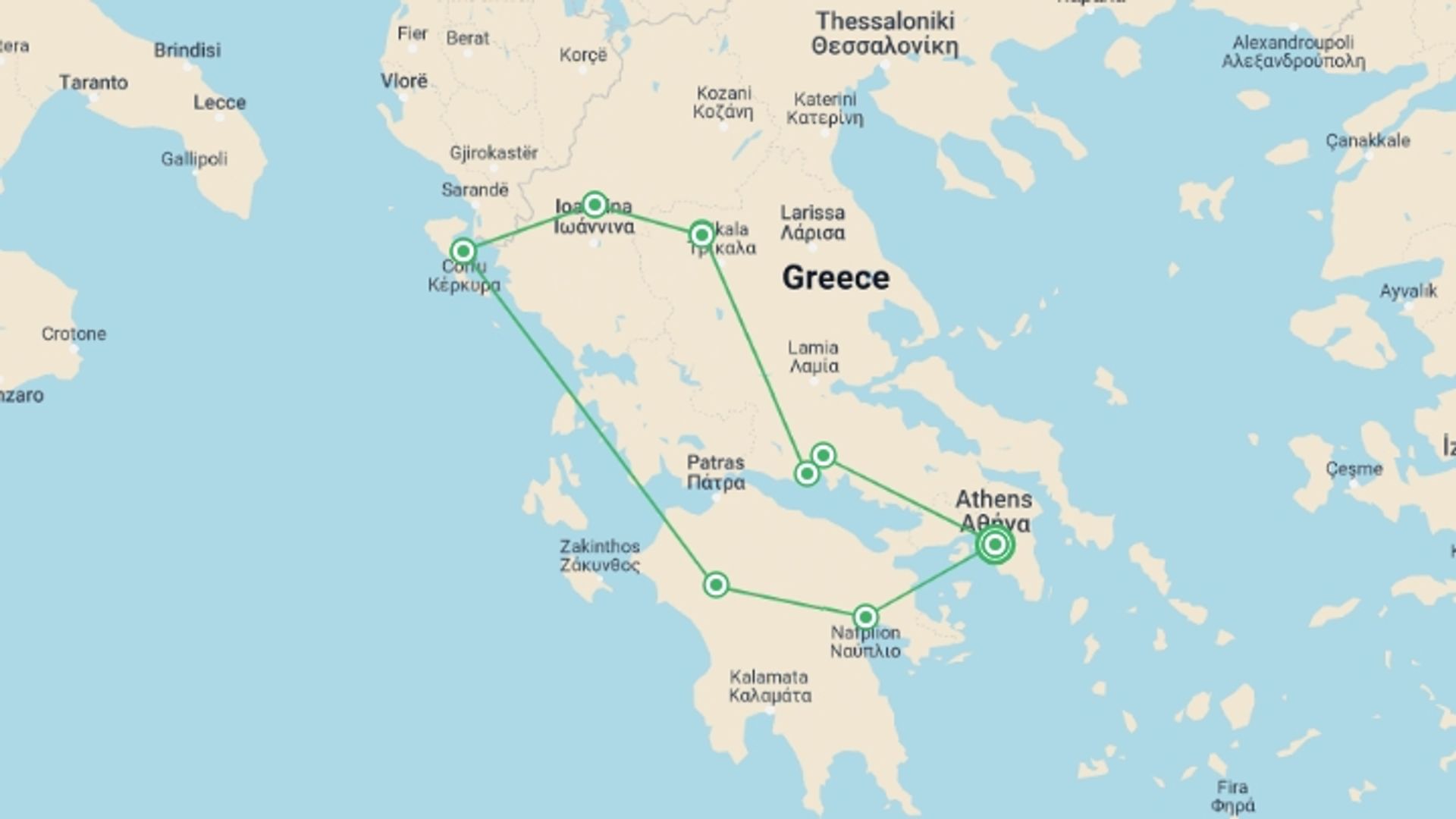 A map showing the tour itinerary for the trip: Greek Explorer, starting in Athens, Greece and ending in Athens, Greece going through 6 other destinations.