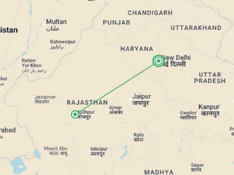 Map of New Delhi Explorer Tour with 2 destination visits for the trip: Jodhpur - 4 days