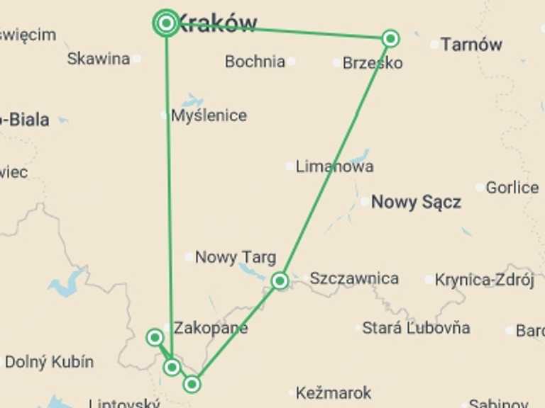 Map itinerary of Eastern Europe Tour in August 2026 with 6 destination visits for the trip: Hiking in the Polish Carpathians