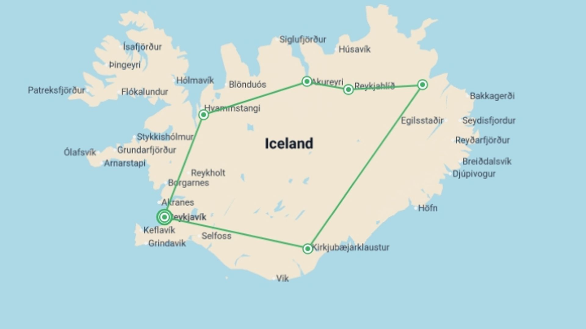 A map showing the tour itinerary for the trip: Wild Iceland & Whale Watching - 8 days, starting in Reykjavik, Iceland and ending in Reykjavik, Iceland going through 5 other destinations.