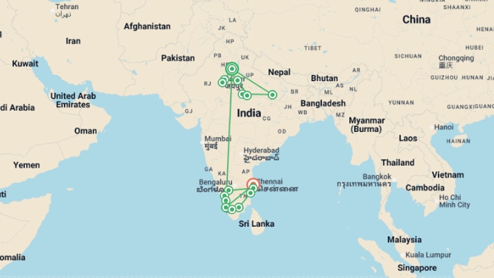 A map showing the tour itinerary for the trip: India Encompassed, starting in New Delhi, India and ending in Chennai, India going through 14 other destinations.